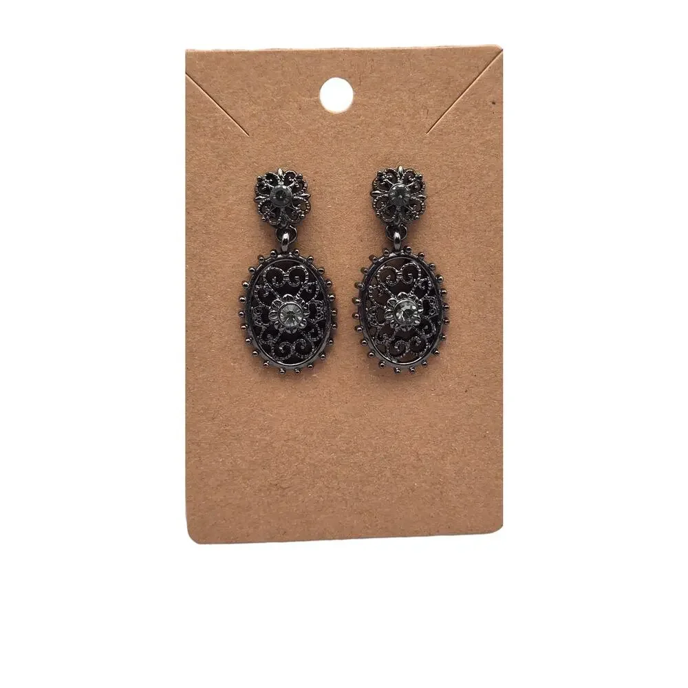 1928 Filigree Oval Drop Earrings Black Crystal – Gothic Victorian Romantic
